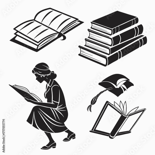 Silhouettes of people reading books and academic symbols Keywords: reading, book, silhouette