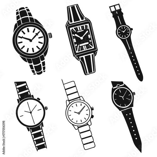 Six Wristwatches In Black And White With Varied Designs