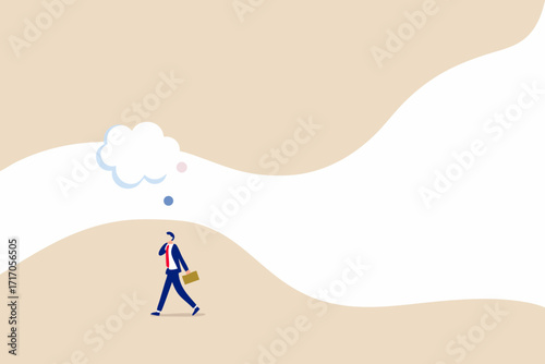 Businessman walking with a briefcase and a thought bubble above his head representing ideas and contemplation
