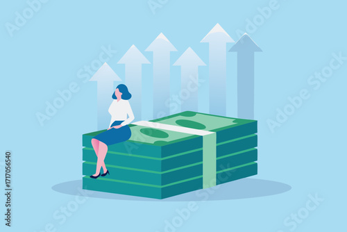 Businesswoman sitting on a large stack of money with upward trending arrows symbolizing financial growth and success