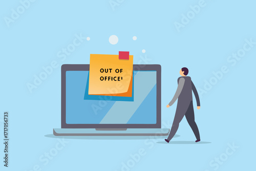 Man walks away from laptop with out of office message on sticky note vacation holiday break