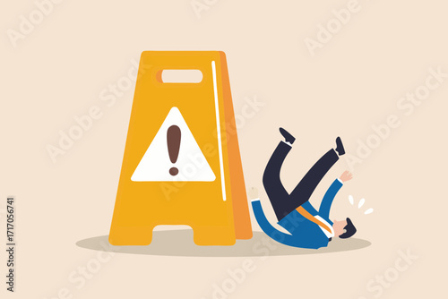 Man in suit slips and falls next to a wet floor caution sign illustration