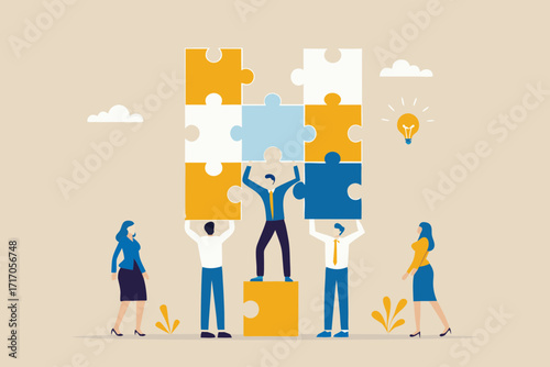 Diverse team of professionals collaboratively assembling a large jigsaw puzzle symbolizing teamwork and shared success