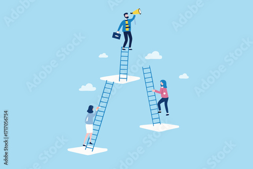 Business people climbing ladders to reach clouds symbolizing goals and opportunities