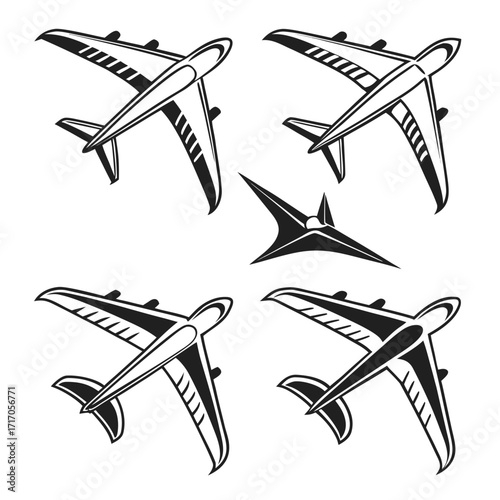 Stylized Airplane Icons and Abstract Shape on White