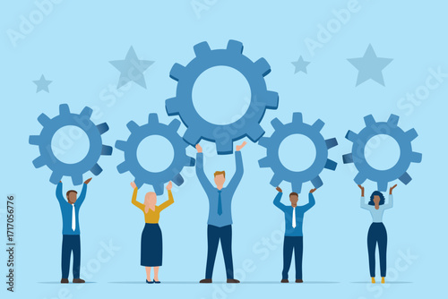 Diverse group of people working together holding up gears symbolizing teamwork and collaboration