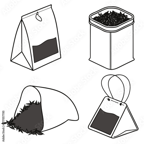 Various tea bag and loose leaf tea illustrations packaging