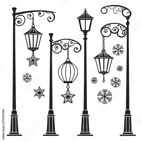 Vintage street lamps with Christmas decorations and snowflakes Keywords: street lamp, lamppost
