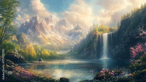 Serene valley. Waterfall cascading into lake below snow-capped peaks, framed by trees & blooming flowers
