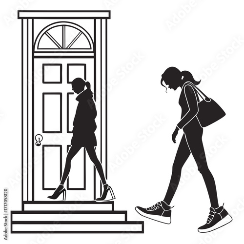 Woman entering building, another woman walking away
