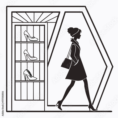 Woman walking past shoe store window display silhouette