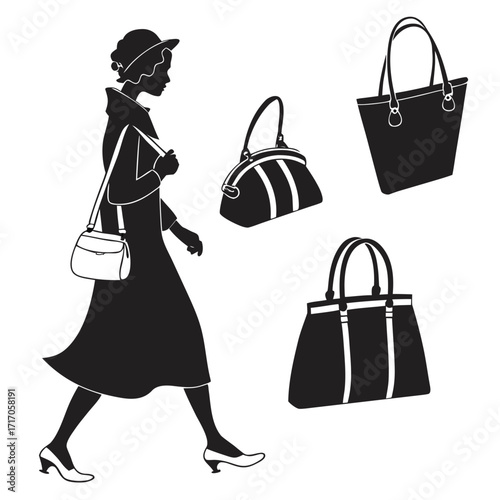 Woman with Shoulder Bag and Handbags Silhouette female