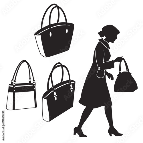 Woman with Handbags Silhouette on White Background