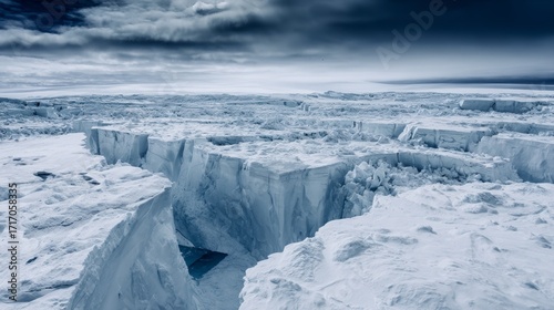 Vast ice formations and deep crevasses in a polar glacial landscape under a stormy sky
