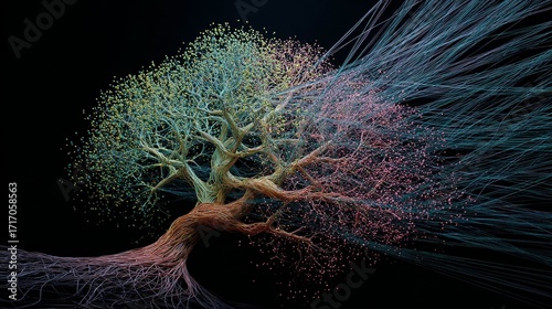 Digital tree with colorful branching structure and root system against dark background