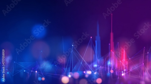 Abstract digital network with glowing nodes and connections against a vibrant blue and purple background