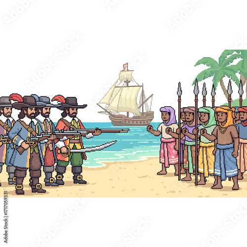 Pixel art Armed European explorers meet indigenous people on a tropical beach with a galleon. Historical first contact, cultural collision, and exploration