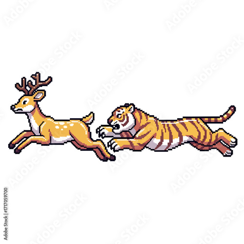 Pixelated Pursuit A Cartoon Tiger Chasing a Deer in Retro Style