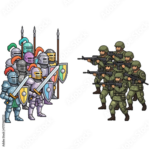 Clash of eras in a conceptual standoff between ancient armored knights and modern infantry with assault weapons