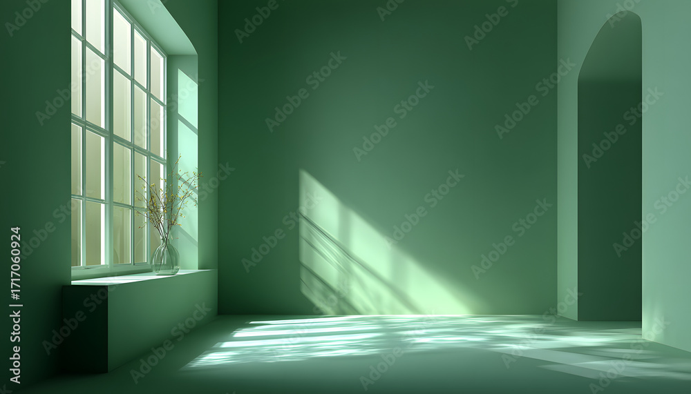 Fototapeta premium Minimalist abstract light background for product presentation in green tones. Soft shadow from the window on empty wall.