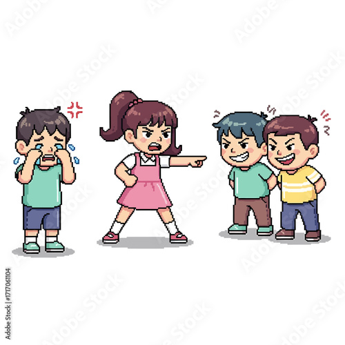 Illustration Depicting Bullying A Girl Confronting Two Boys, While Another Cries Unhappily