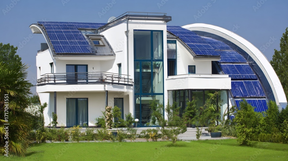 Fototapeta premium Modern white house with solar panels on curved roof and large glass windows surrounded by green lawn