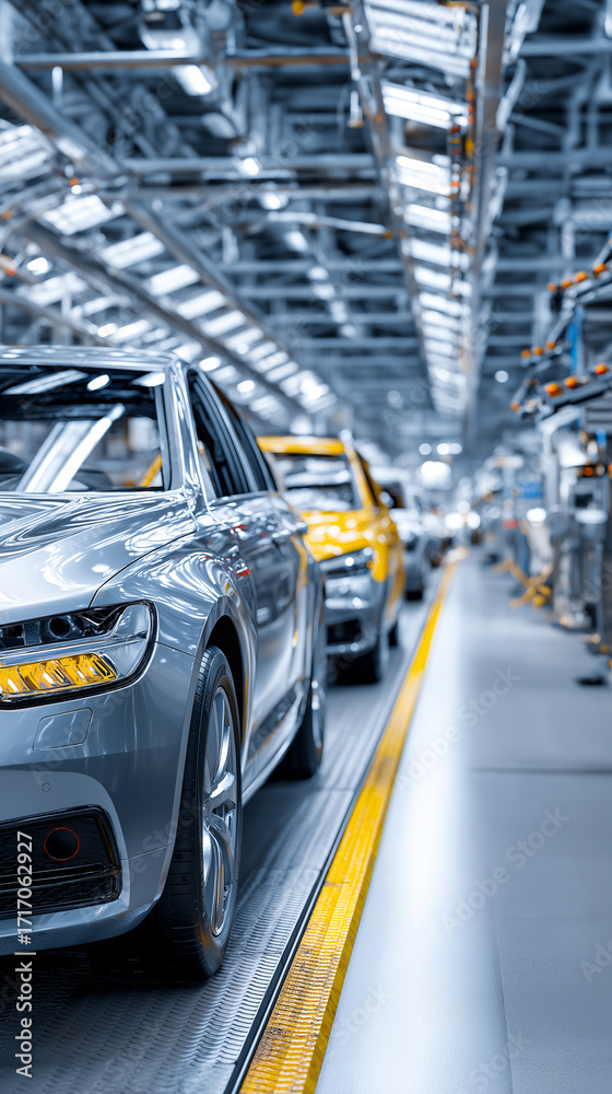 Fototapeta premium Cars moving along automotive production line in modern factory. 