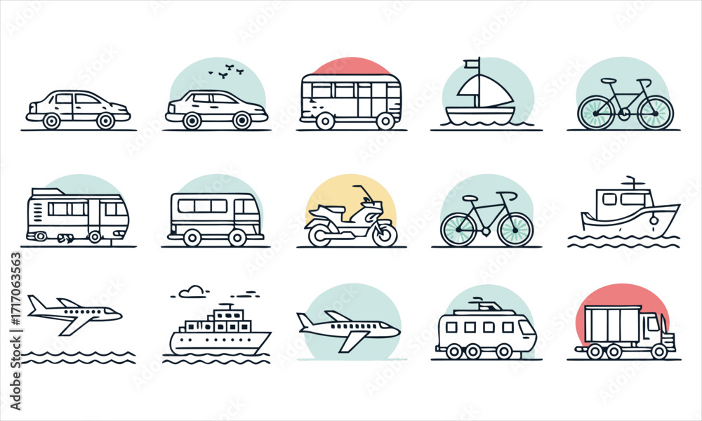 Fototapeta premium Collection of hand drawn transportation icons in a whimsical style