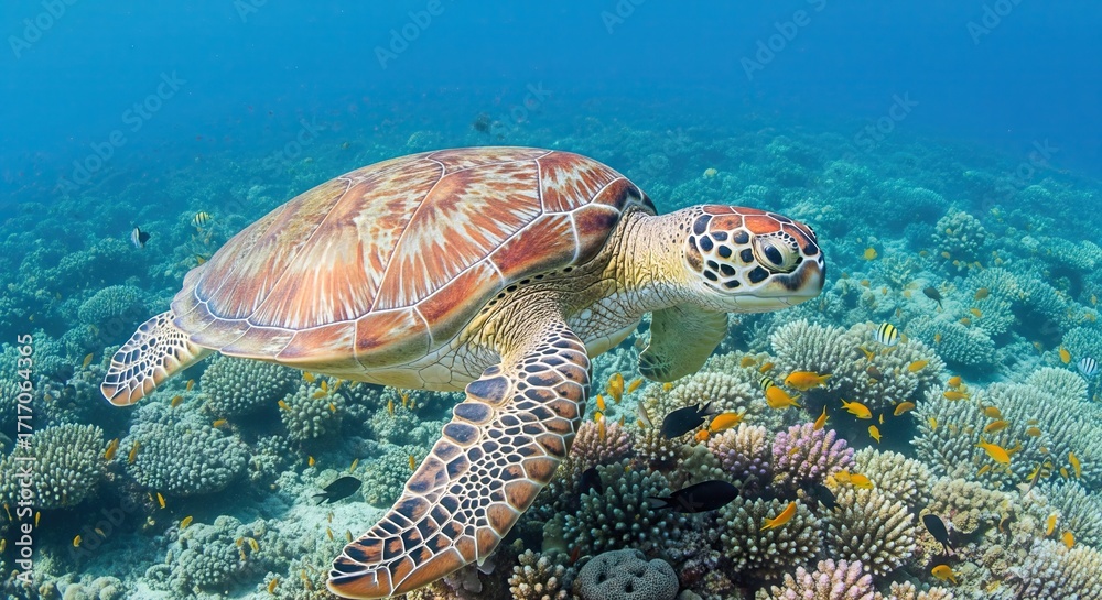 Fototapeta premium A sea turtle swims over coral reef The turtle has a patterned shell mottled skin Various fish swarm the coral