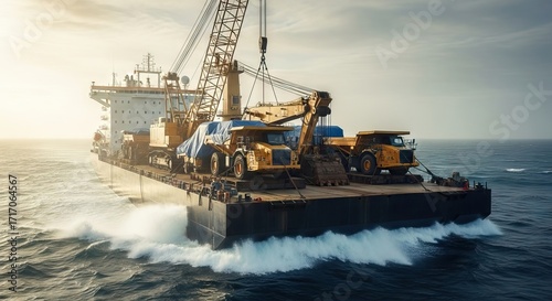 A ship transports heavy construction equipment including large trucks and an excavator on a flat deck at sea