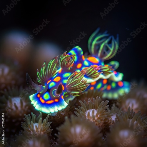 A vibrant multicolored nudibranch rests on coral exhibiting bright spots and branchial plumes