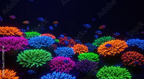 A vibrant underwater scene of colorful coral reefs and various small fish under a dark background