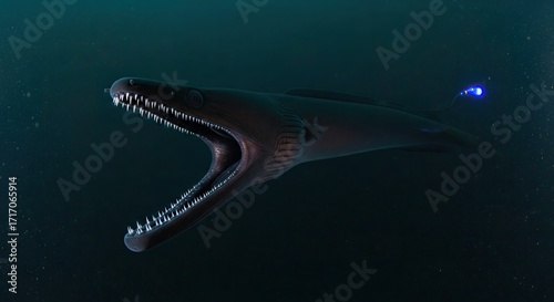 A viperfish swims in dark depths with an open mouth revealing sharp teeth and a light lure at the tail