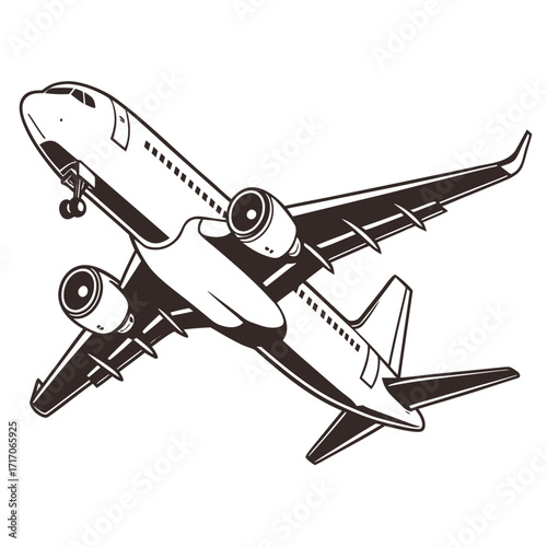 Black and White Illustration of a Jet Airplane in Flight