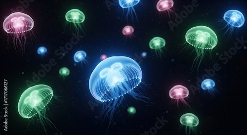 A surreal display of bioluminescent jellyfish in a dark underwater environment They glow in pink green  blue shades