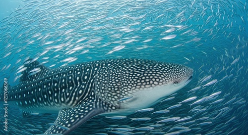 A whale shark swims in blue water surrounded by a school of many smaller fish