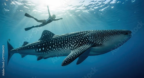 A whale shark swims beside a scuba diver in clear blue water with sun rays