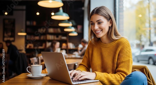 A woman smiles typing on a laptop in a cafe setting with a coffee cup croissant and other patrons nearby