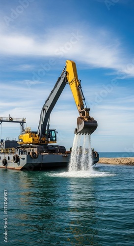 A yellow excavator on a gray barge pours sand into the water under a blue sky