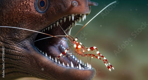 An eels open mouth reveals sharp teeth framing a red  white shrimp in focus