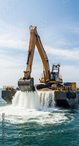 An excavator on a barge dumps sediment into the ocean