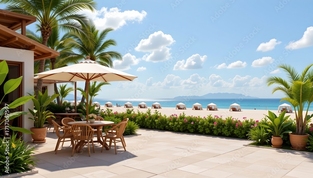 Fototapeta premium an outdoor patio area of a beachfront resort. it features a large dining table surrounded by chairs under a shaded umbrella