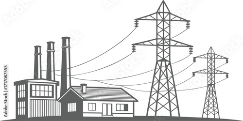 Power line tower, transmission tower with white isolate background, High voltage post or High voltage tower. Vector Illustration Png Background Template.	