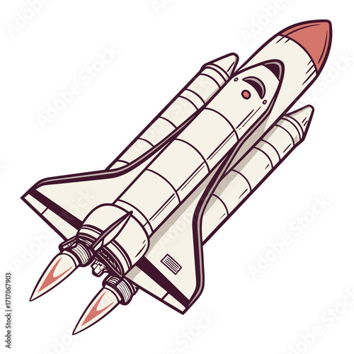 Colorful space shuttle with engines firing rocket spacecraft