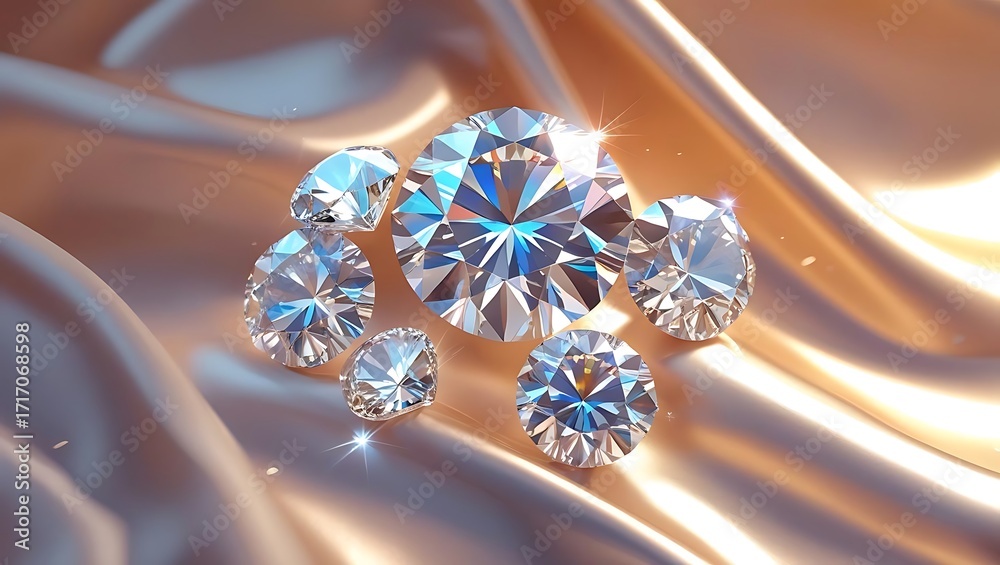 Fototapeta premium Sparkling diamonds arranged on luxurious satin fabric