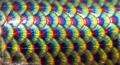 Closeup of iridescent fish scales in a vibrant overlapping pattern of red blue  yellow