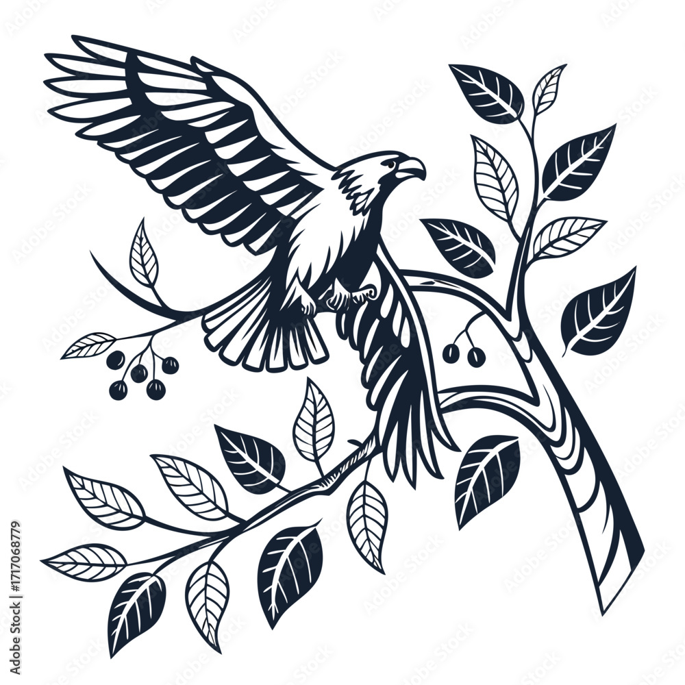 Obraz premium Eagle in flight landing on a tree branch Keywords: eagle, bird, flight, wings, nature, wildlife