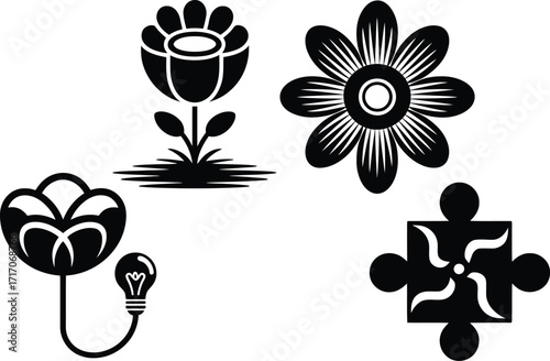 Elegant floral designs and symbolic icons in black and white for creative projects