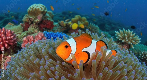 Clownfish swimming in a sea anemone with colorful coral in the background