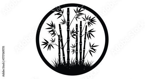 Black and white illustration of bamboo stalks and leaves enclosed in a circular frame.